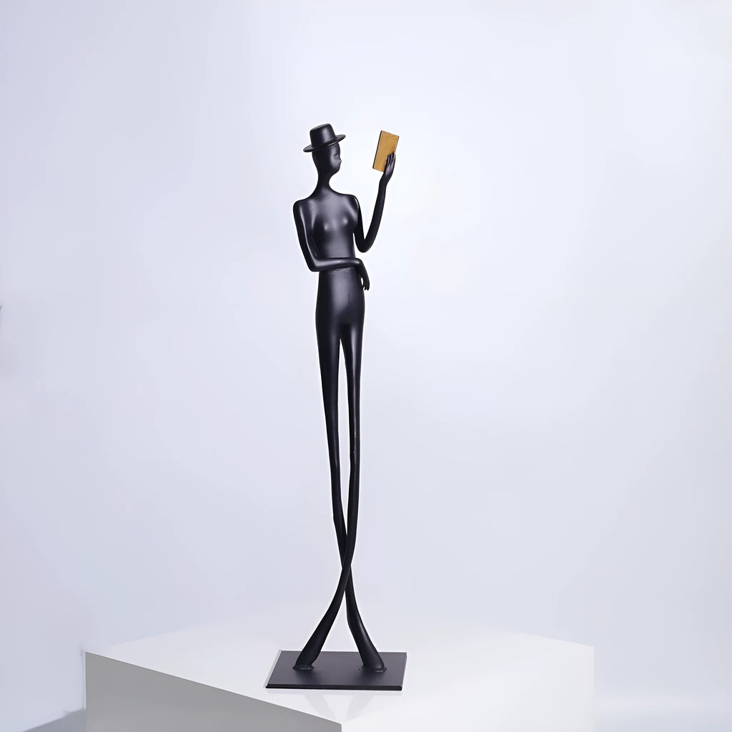 Black aluminium reading woman desktop sculpture modern decor 12x51cm