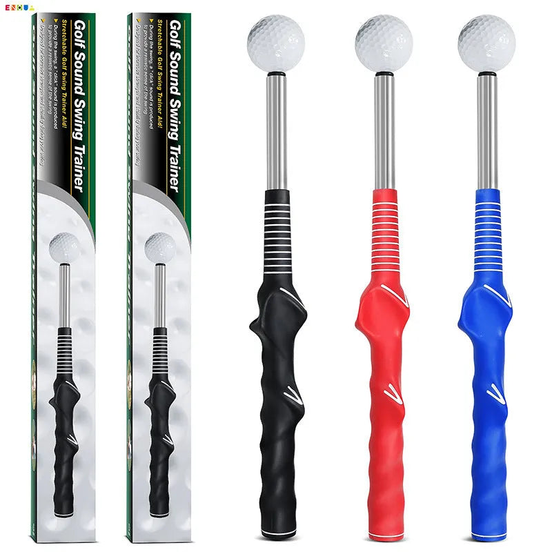 Telescopic stainless steel golf swing simulator trainer in black, blue, or red colour options.