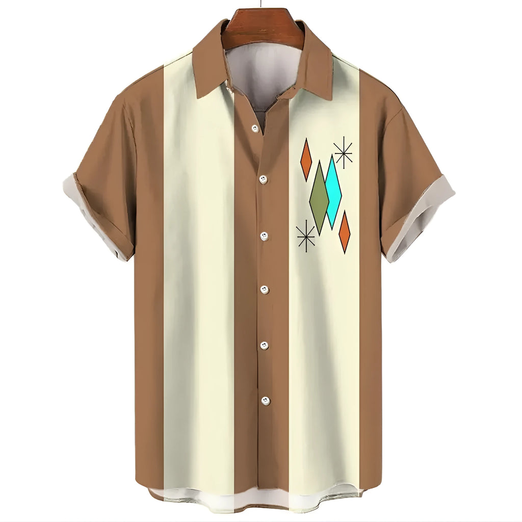 Men's striped Hawaiian casual shirt with button front and short sleeves in elastic polyester fabric