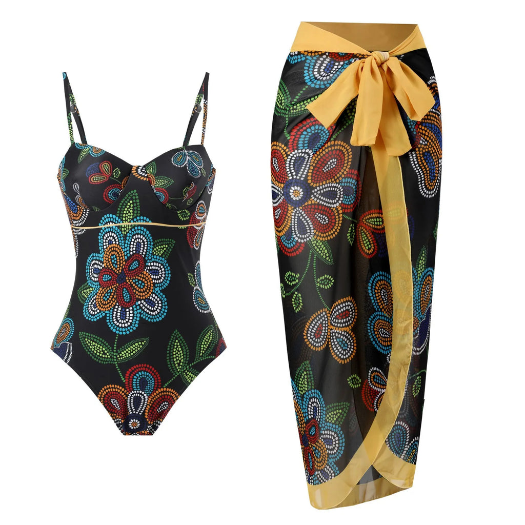 Siamese women's French retro printed one-piece swimsuit in Y3 light green, polyester fabric, belly-covering design