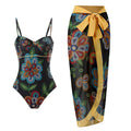 Siamese women's French retro printed one-piece swimsuit in Y3 light green, polyester fabric, belly-covering design