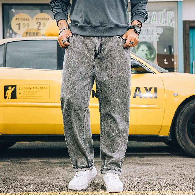 Men's loose straight simple jeans in cotton available in dark blue, light blue and grey colours