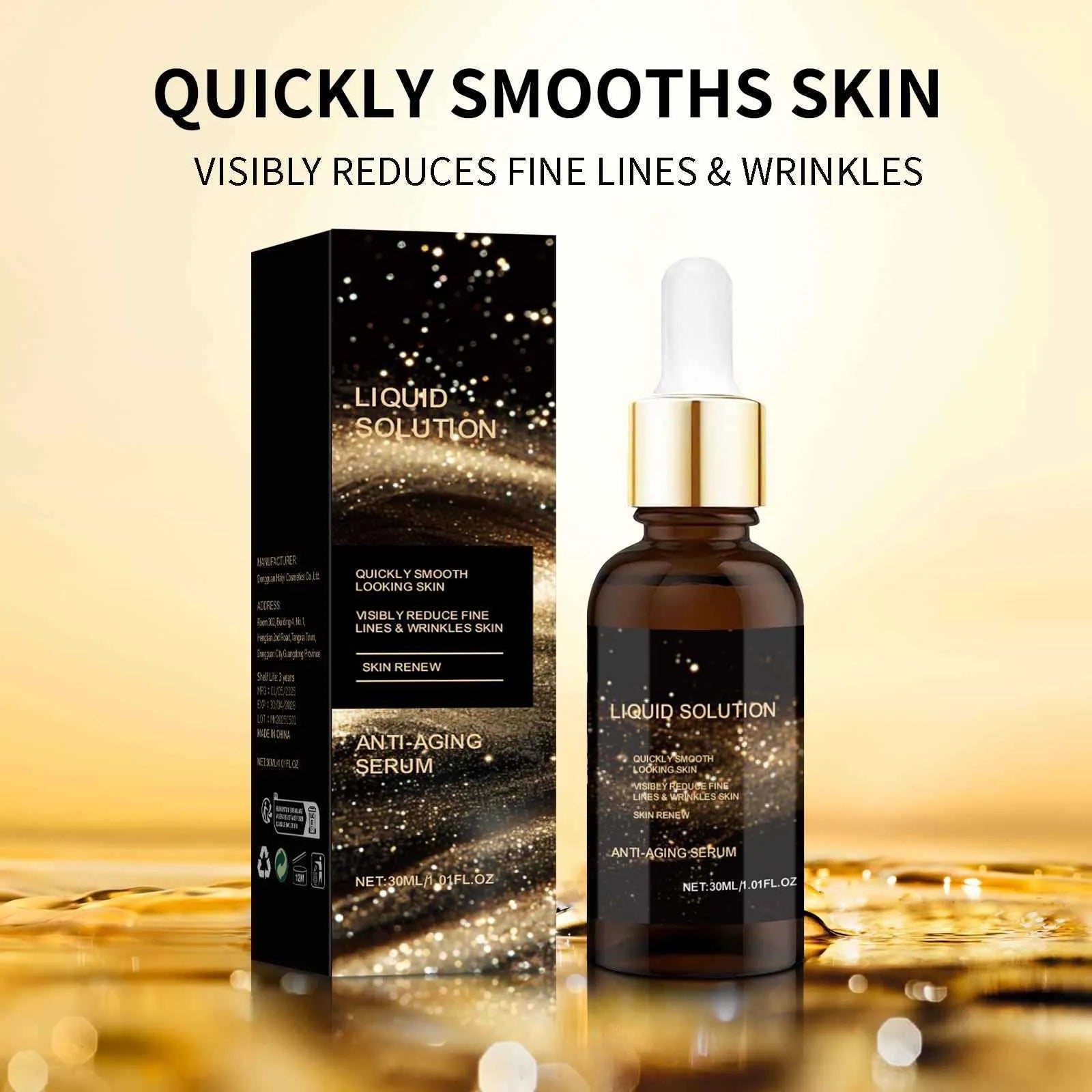 30ml bottle of facial moisturising solution with glycerin and hyaluronic acid.