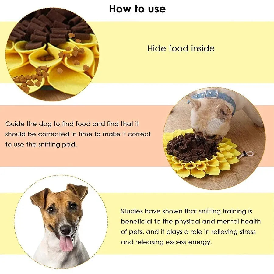 Yellow sunflower snuffle mat for dog nosework training with rope attachment