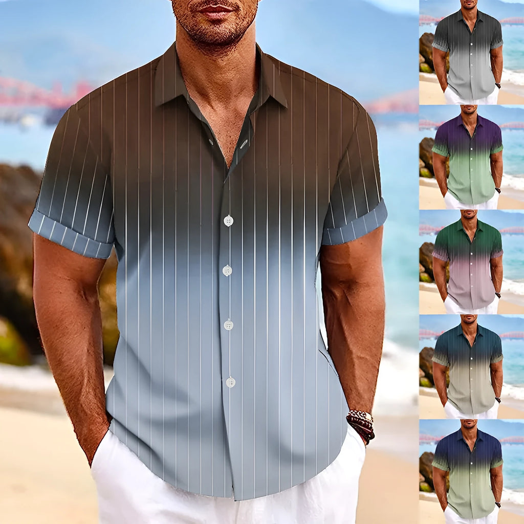 Lapel Button Short-sleeved Shirt Summer Men's Gradient Striped Print Beach Shirt Casual Leisure Cardigan Top Polyester Fabric S-6XL,