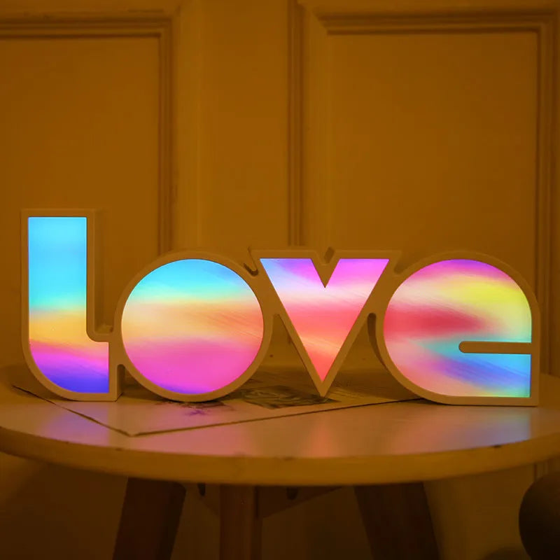 LED LOVE Light with rainbow-coloured lampshade displaying LOVE word for romantic decoration