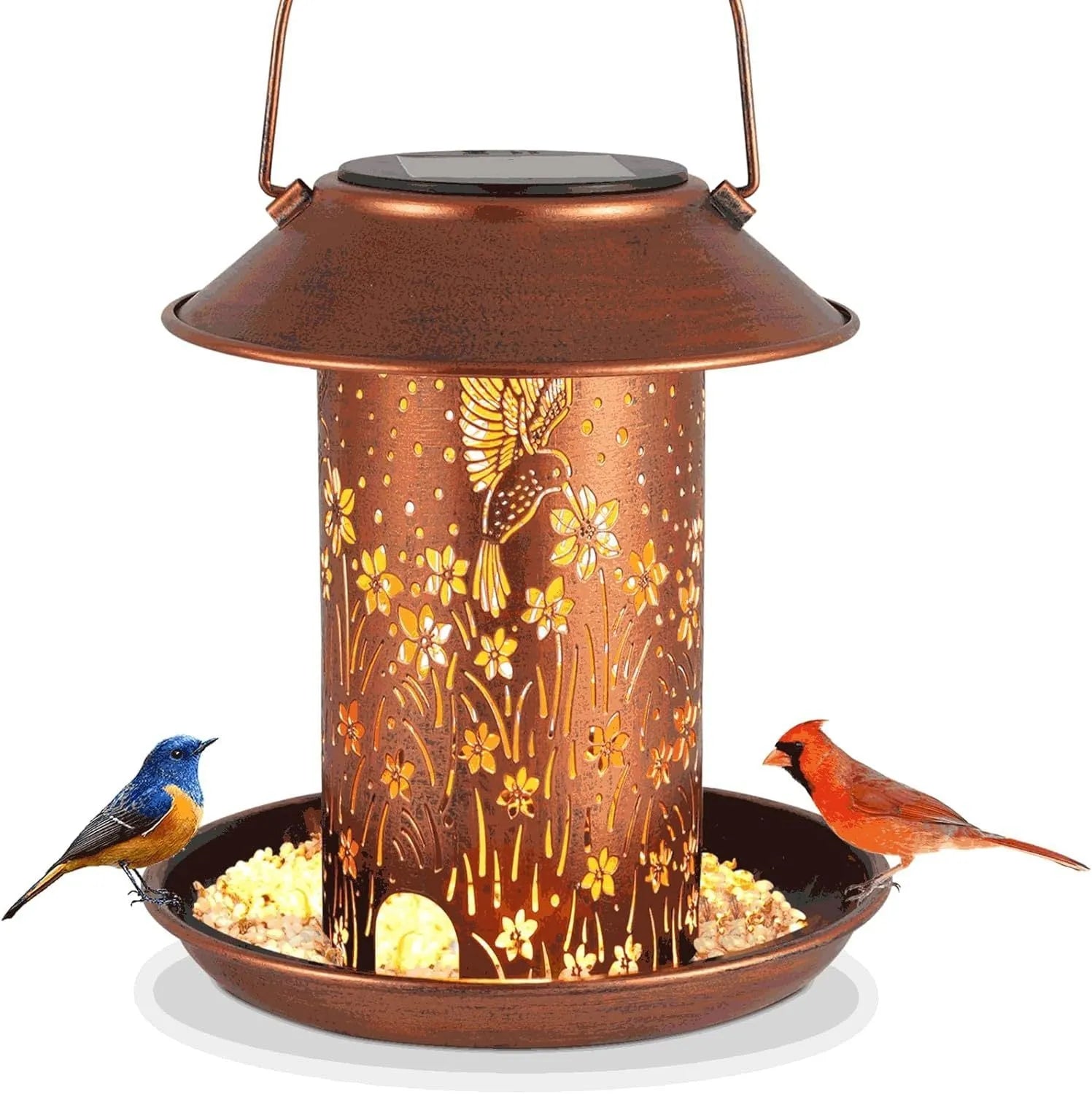 Solar-powered iron bird feeder garden light with hummingbird pattern and waterproof IP65 rating