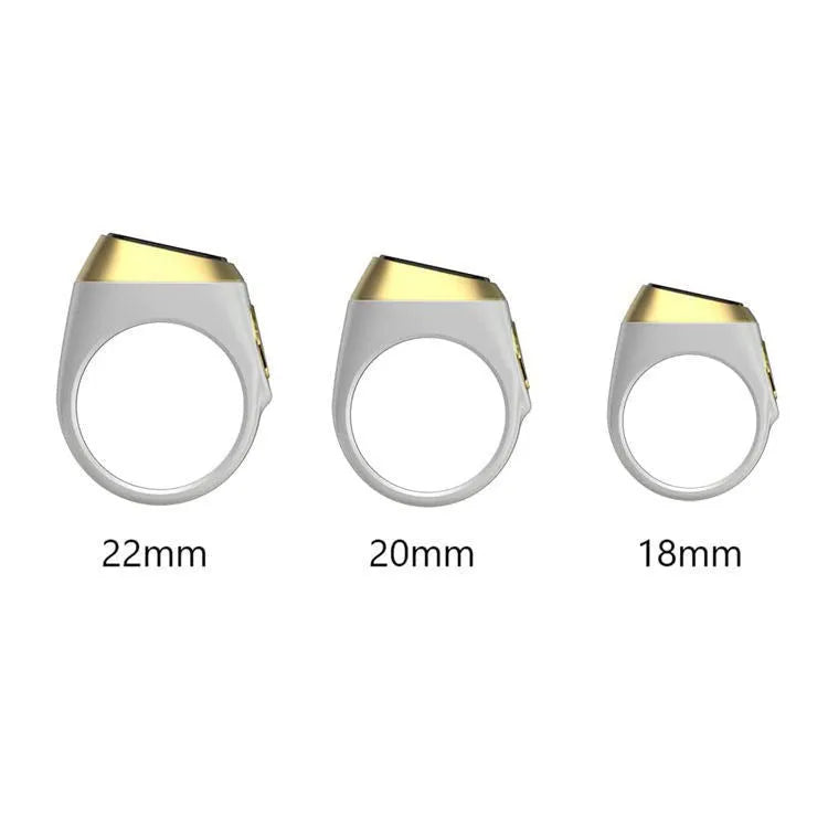 Zikr1 Tasbih smart counter ring in metal with OLED display, shown in available colours.