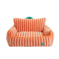 Striped orange soft velvet pet bed with a removable cover, shown as a structured pet house.