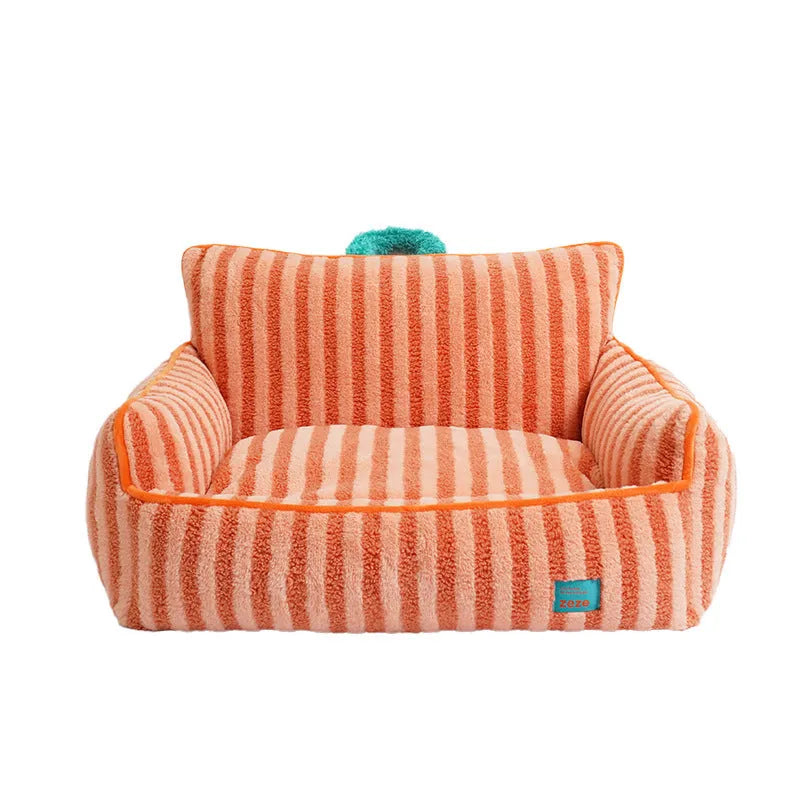 Striped orange soft velvet pet bed with a removable cover, shown as a structured pet house.