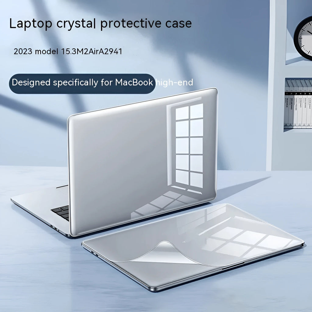 Transparent and frosted hard shell protective case fitted on a MacBook laptop.