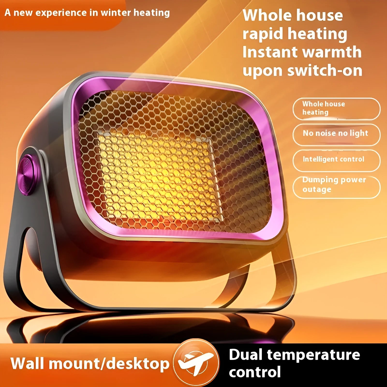 Compact grey desktop heater with ceramic heating technology and rotatable design