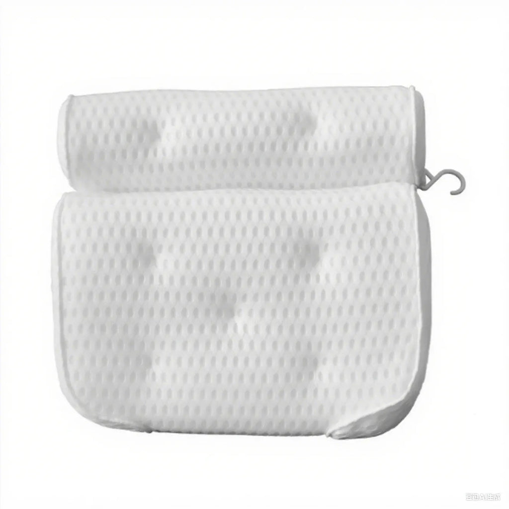 White bathtub pillow with suction cups on a 3D permeable surface, showing dimensions 37x34x10cm