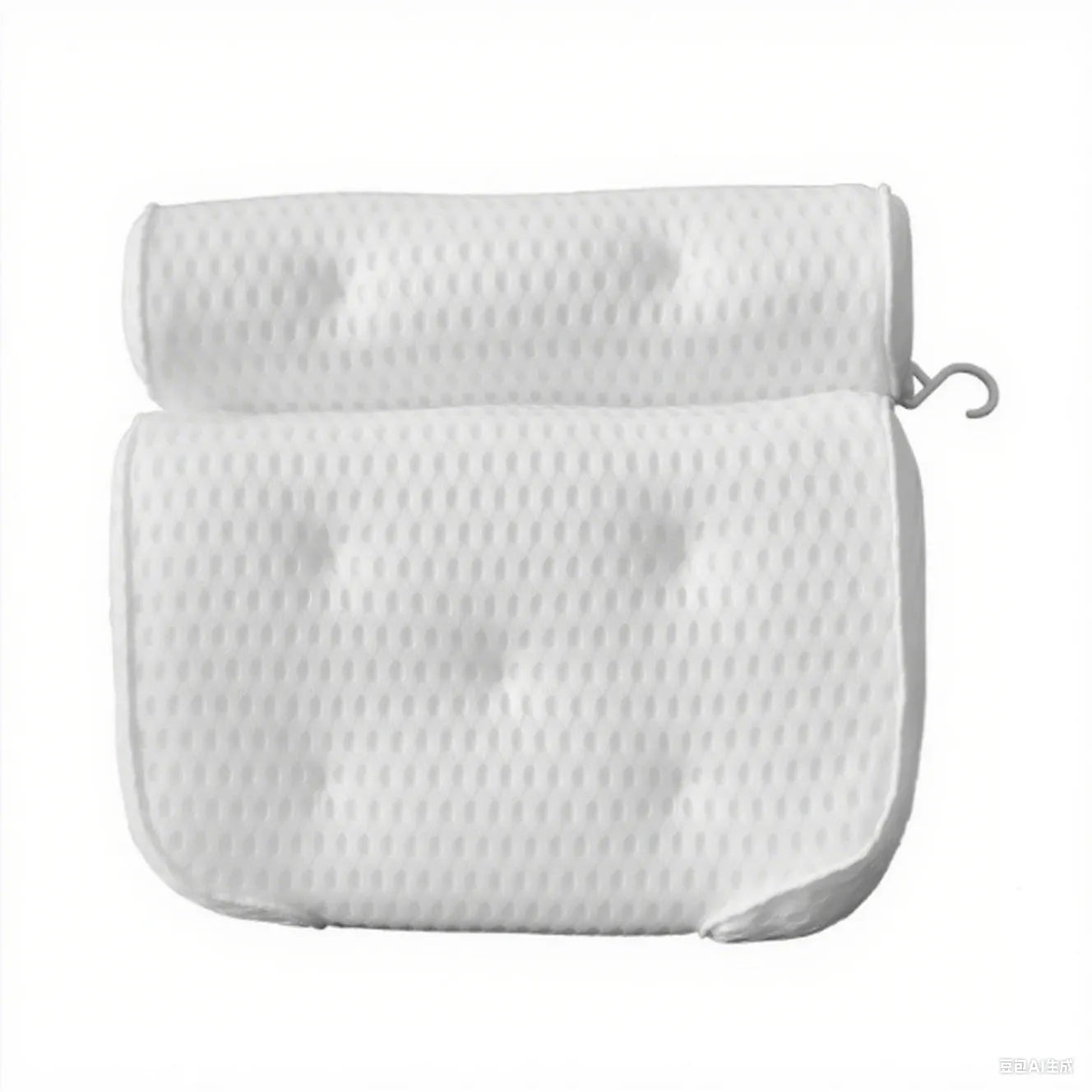 White bathtub pillow with suction cups on a 3D permeable surface, showing dimensions 37x34x10cm