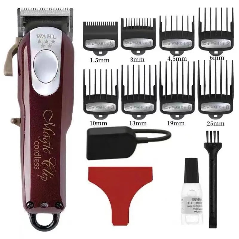 Rechargeable hair clipper for adults and children with stainless steel cutter head, showing EU, UK and US plug options.