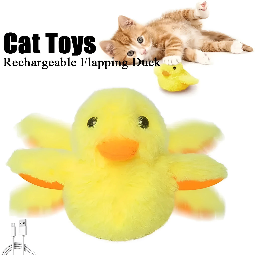 Yellow flapping duck interactive cat plush toy with USB charging cable on a neutral background.
