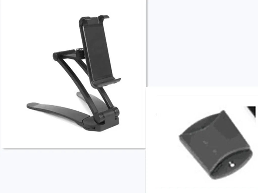 Silver aluminium alloy tablet stand holding a tablet, showing its 360-degree adjustable hinge and chuck system.