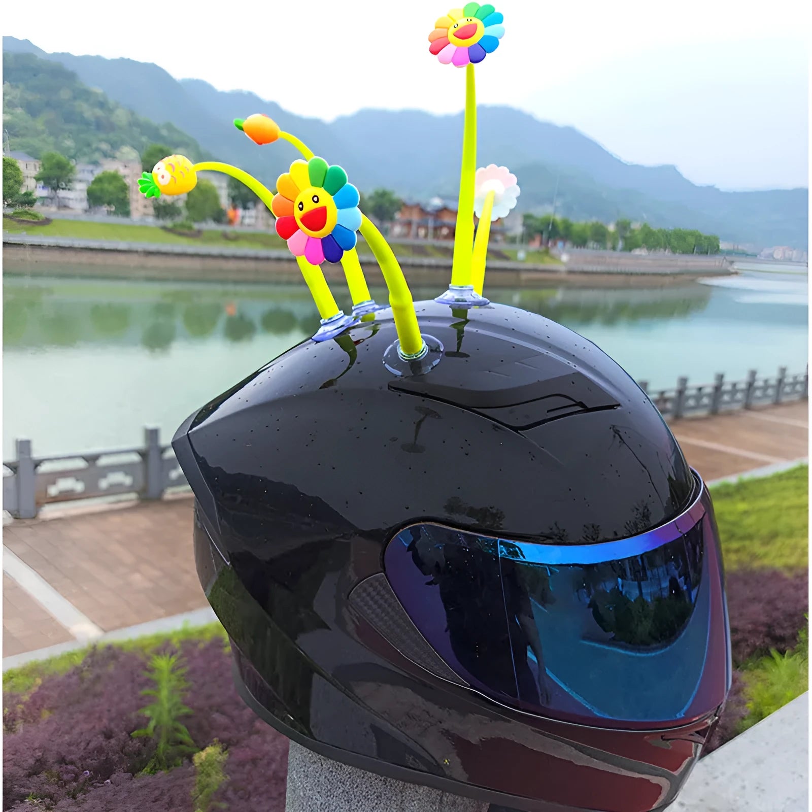 Yellow silicone sunflower helmet decoration with suction cup for motorbike or bicycle helmets