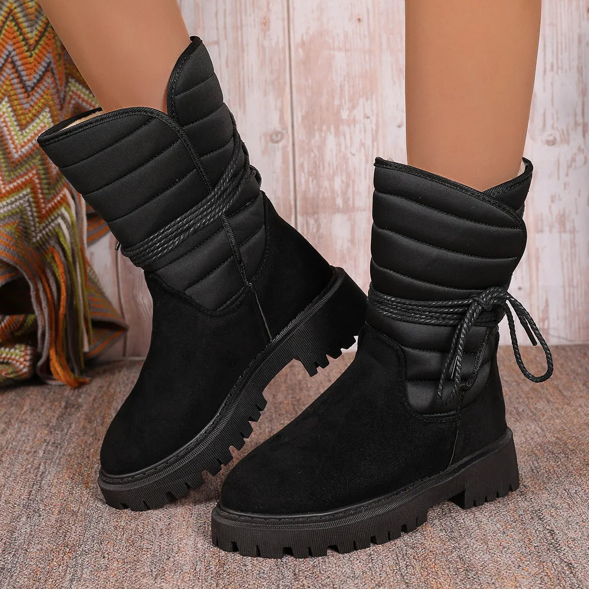 Women's black suede chunky heel snow boots with lace-up design and high top.