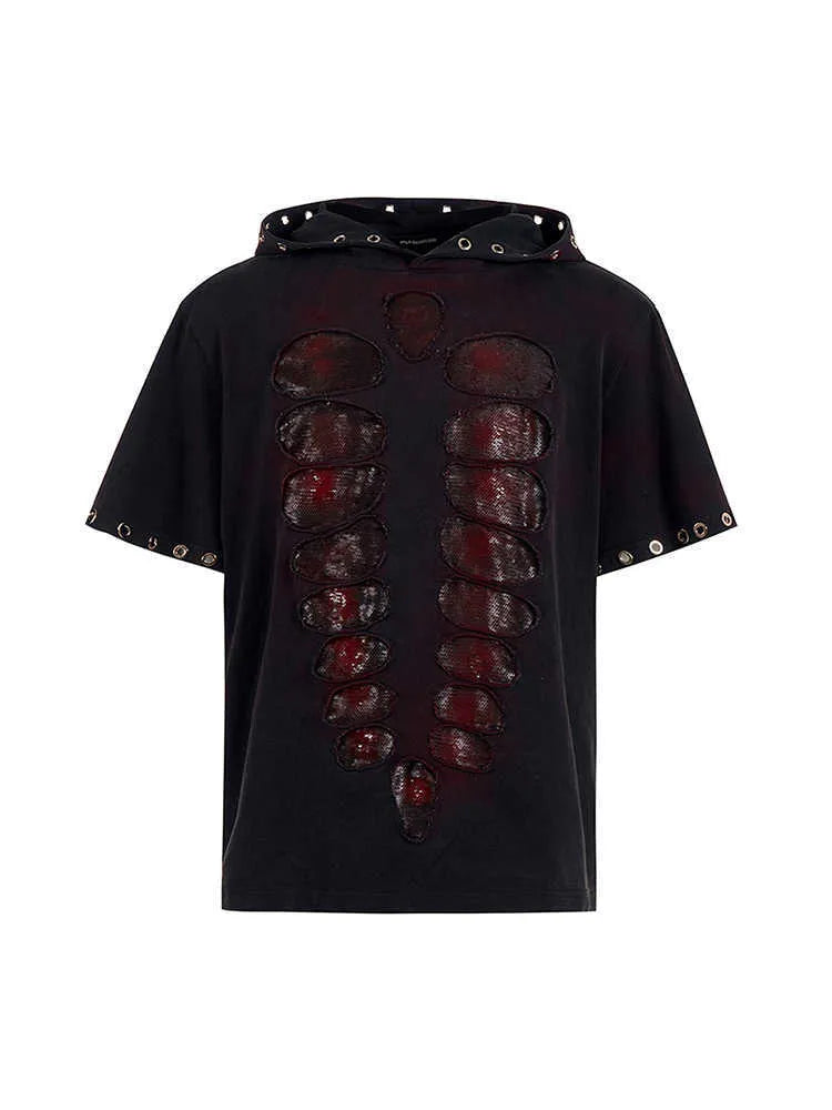 Black men's hooded short-sleeved t-shirt with sequin detailing, loose fit, shown in casual wear setting
