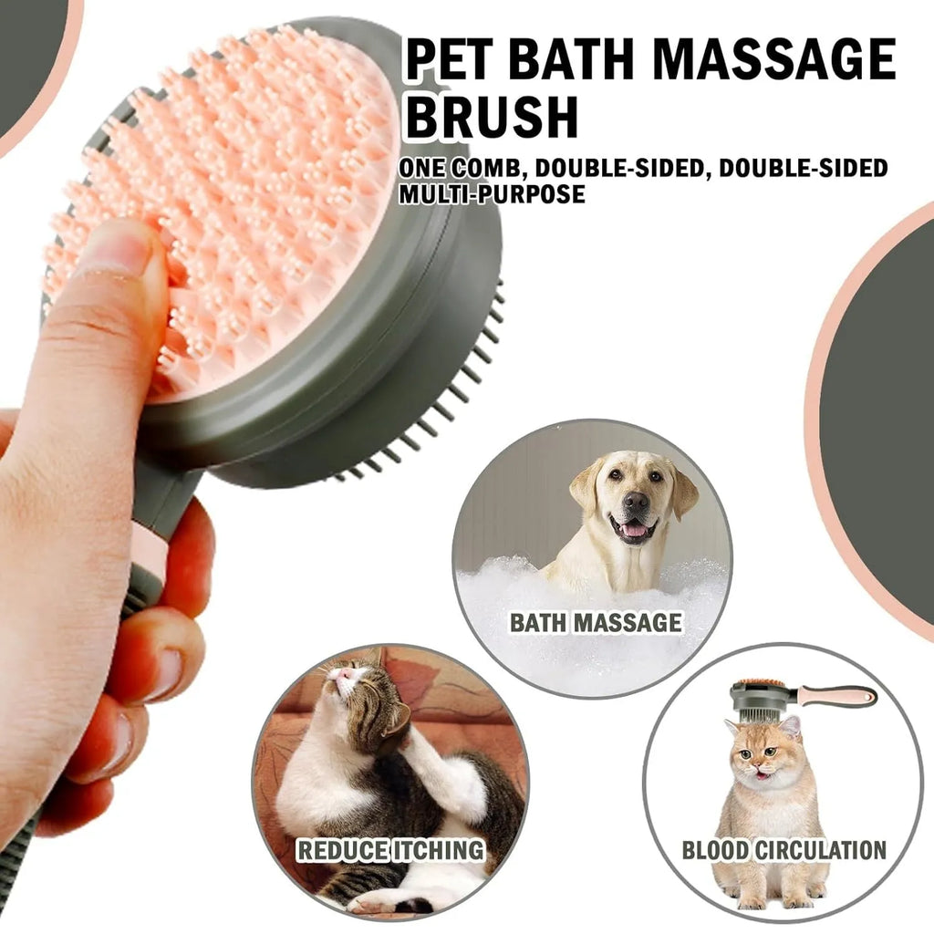 Double-sided cat brush with release button and flea comb for pet grooming
