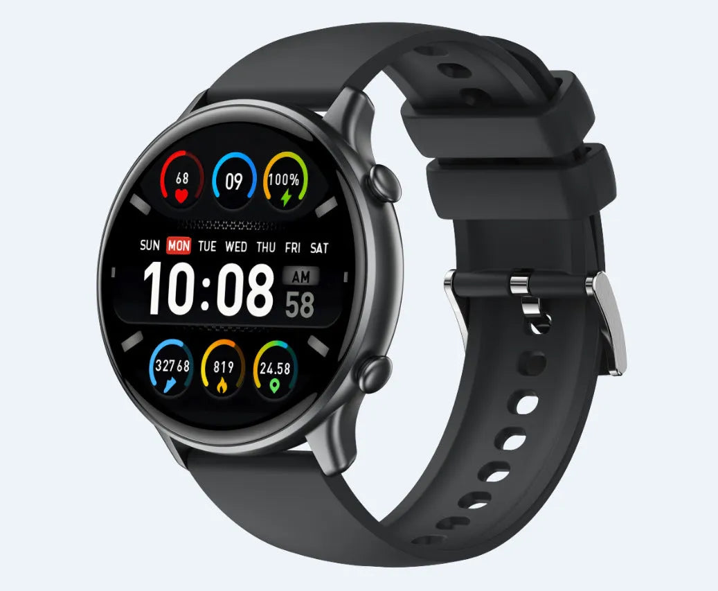 Round touch screen smart sports watch with silicone strap in black, blue, or pink colours