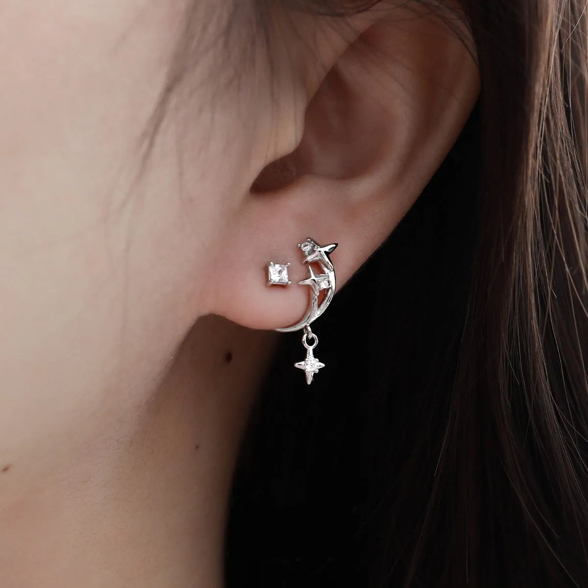 Track zircon ear studs S925 sterling silver star shape white gold colour for women