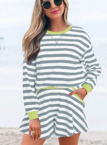 Women's black stripe cotton-blend blouse and shorts set with V-neck and ribbed banding detail