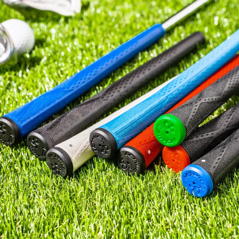 TPE material golf club grip shown in pink, red, dark blue, light blue, white, and black with coloured head options.
