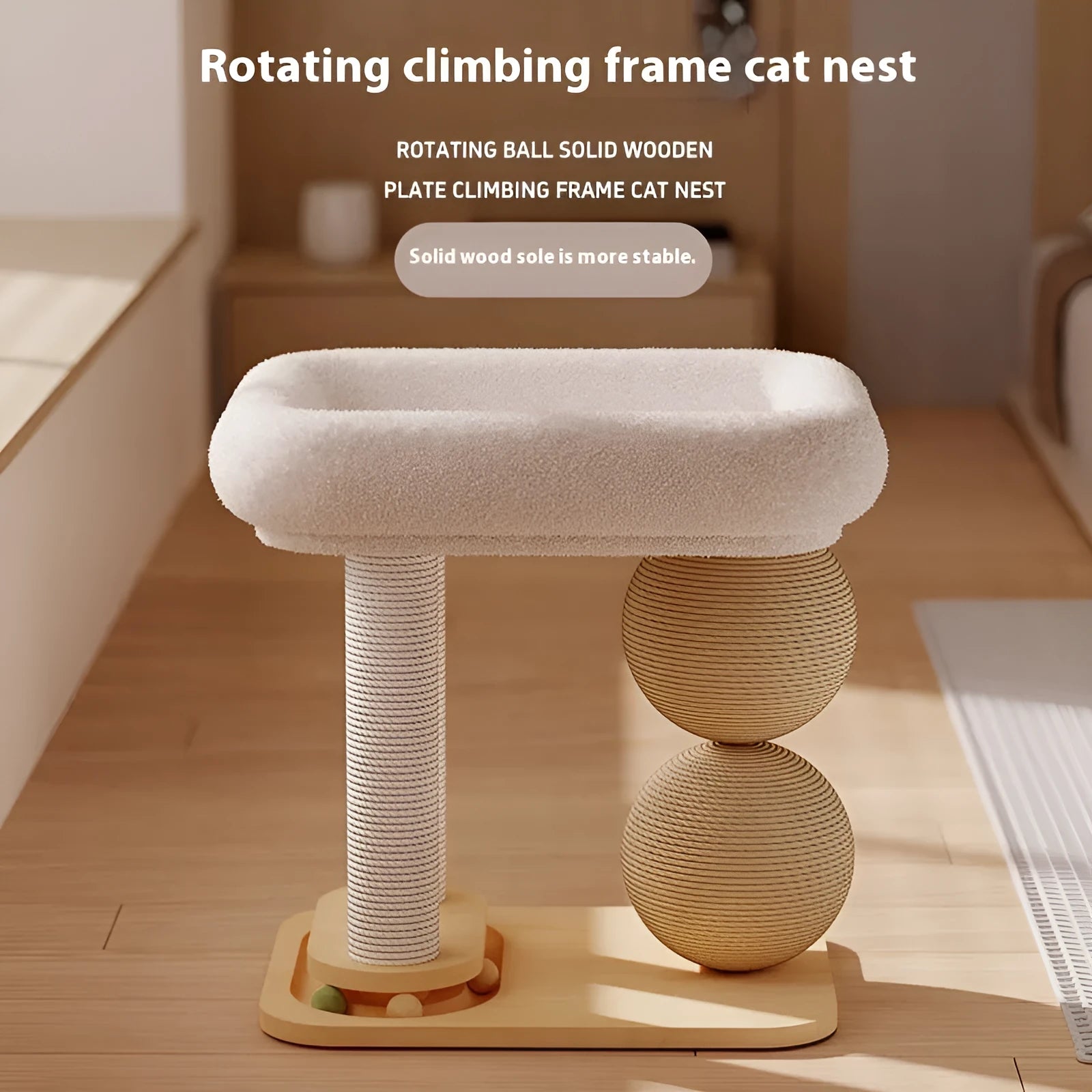Pine wood cat nest with sisal scratching posts, double grasping balls, and summer sleeping mat