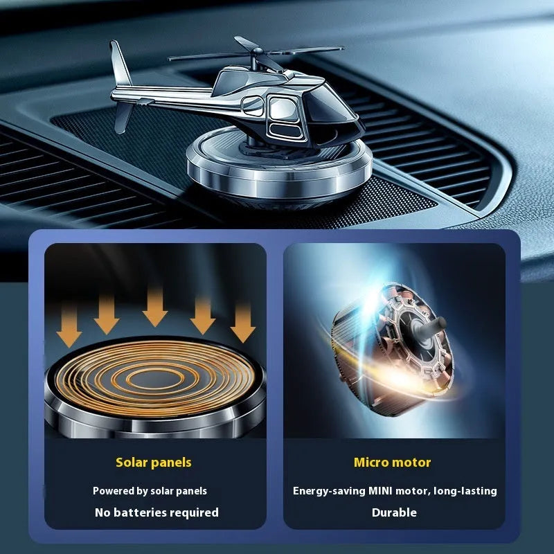 Metal solar-powered rotating helicopter car air freshener ornament in three colour options