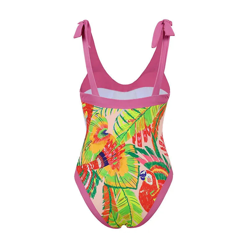 Retro floral print one-piece swimsuit with V-neck, covered belly design and thin skirt in pink colour