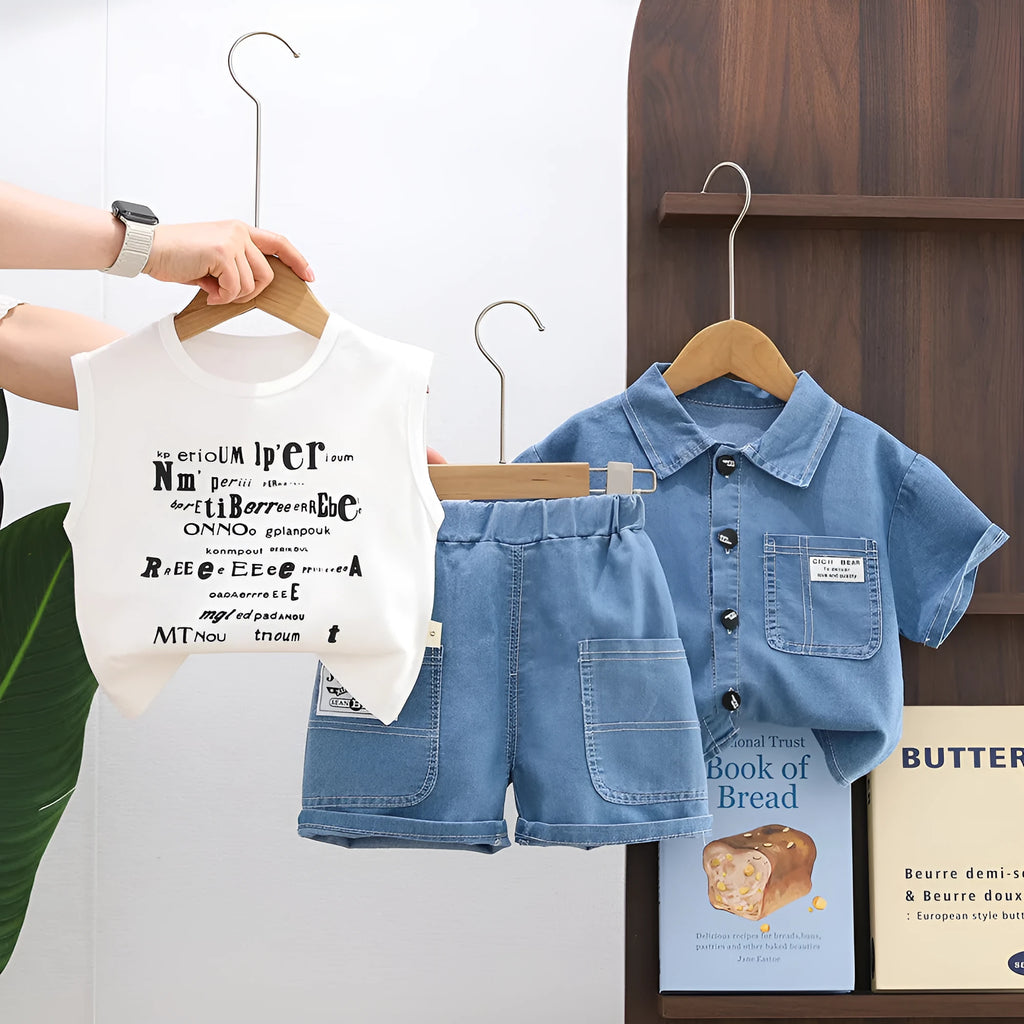 Cotton boy denim short sleeve three-piece suit in solid colour with letter print, size options 80-120cm