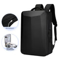 Men's black waterproof business backpack with structured ABS PC shell and curved shoulder straps.