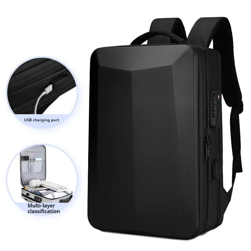 Men's black waterproof business backpack with structured ABS PC shell and curved shoulder straps.