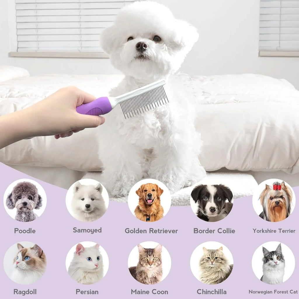 Purple pet detangling comb with stainless steel teeth on wooden surface
