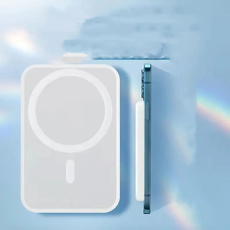 White magnetic wireless power bank with 5000mAh capacity showing creative design and compact dimensions