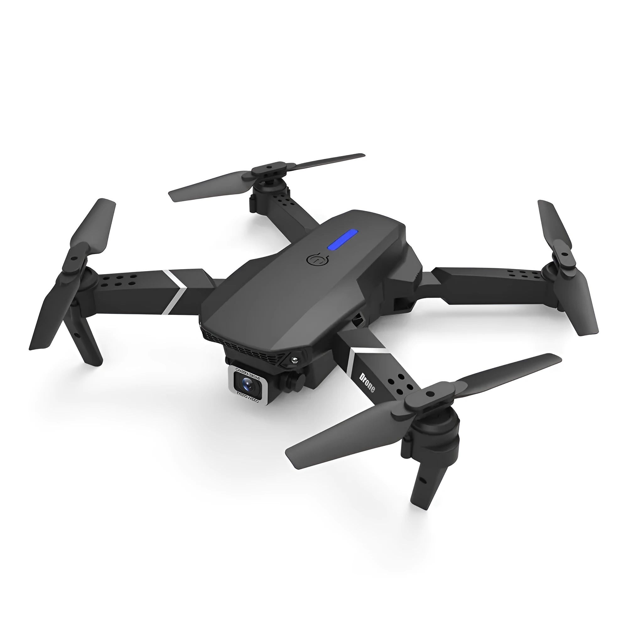 E88 drone with dual 4K camera, foldable arms, black and white colour, altitude hold, and LED lights