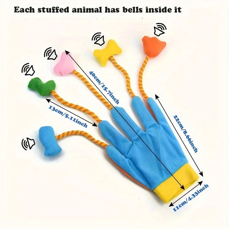 Yellow and blue plush cat toy shaped like a glove with a bell and a long trailer.