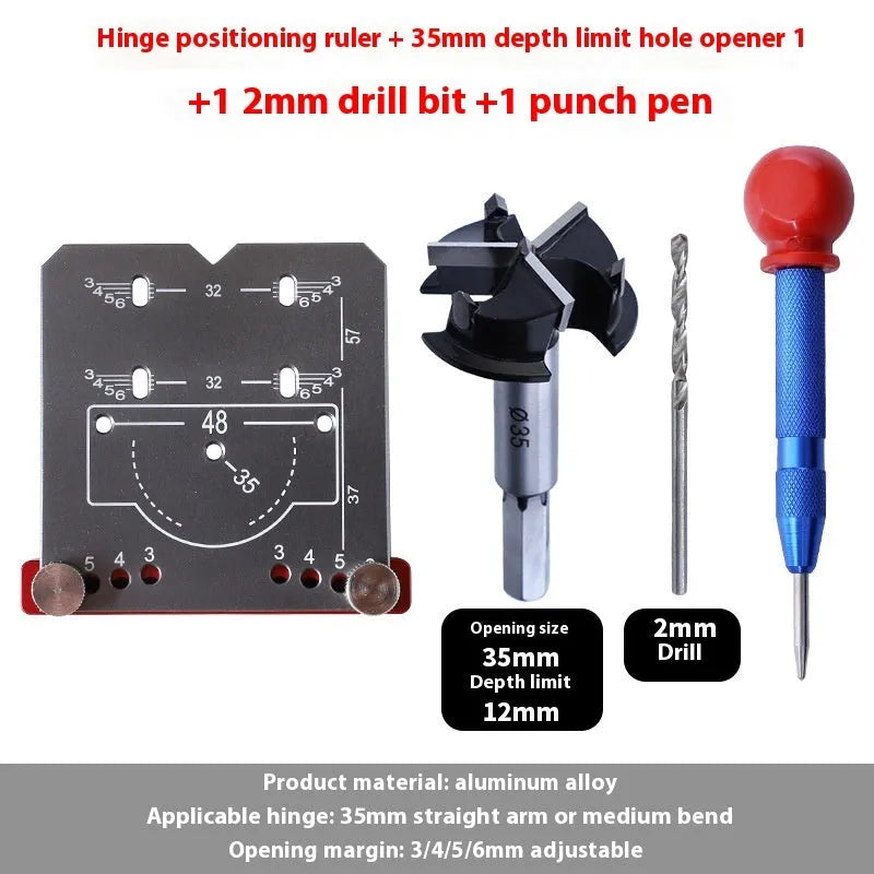 Red aluminium alloy hinge locating tool with adjustable margin settings for 35mm cabinet hinges