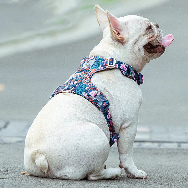 Pure cotton pet harness chest strap with floral pattern in floral red colour