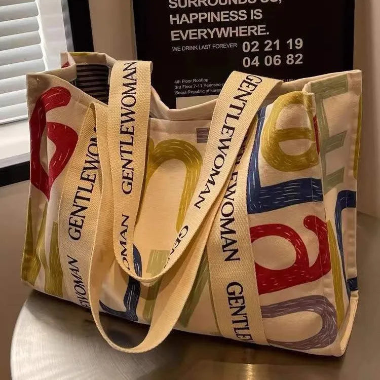 Large canvas tote bag with printed letter or pattern design for women