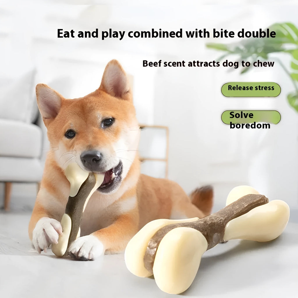 Cowhide and nylon bone grinding rod dog chew toy in small and large foodie bones sizes