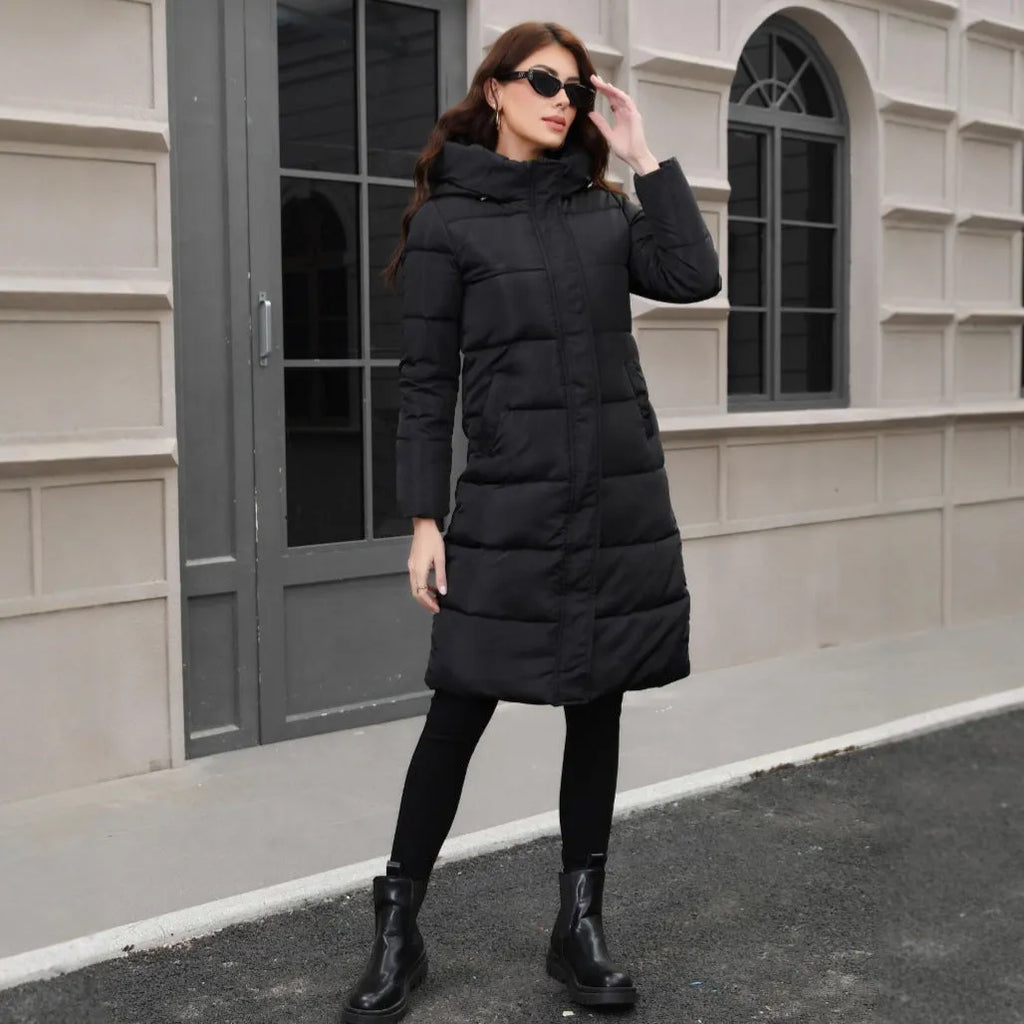 Black hooded slim-fit long jacket with a zip front and fleece lining.
