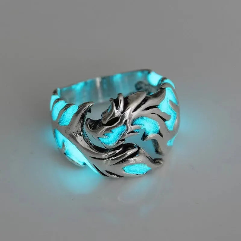 Adjustable Chinese dragon pattern ring in antique silver blue green electroplated colours