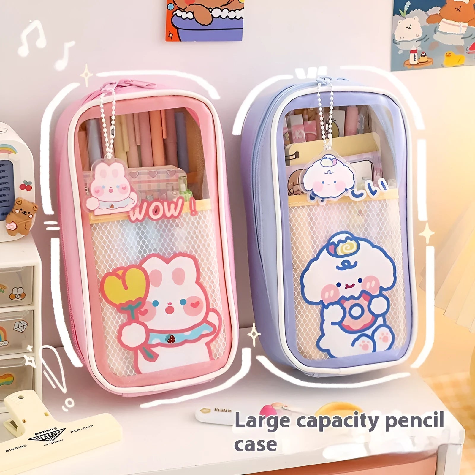 Transparent PVC pencil case with cartoon design showing large capacity interior and zipper closure