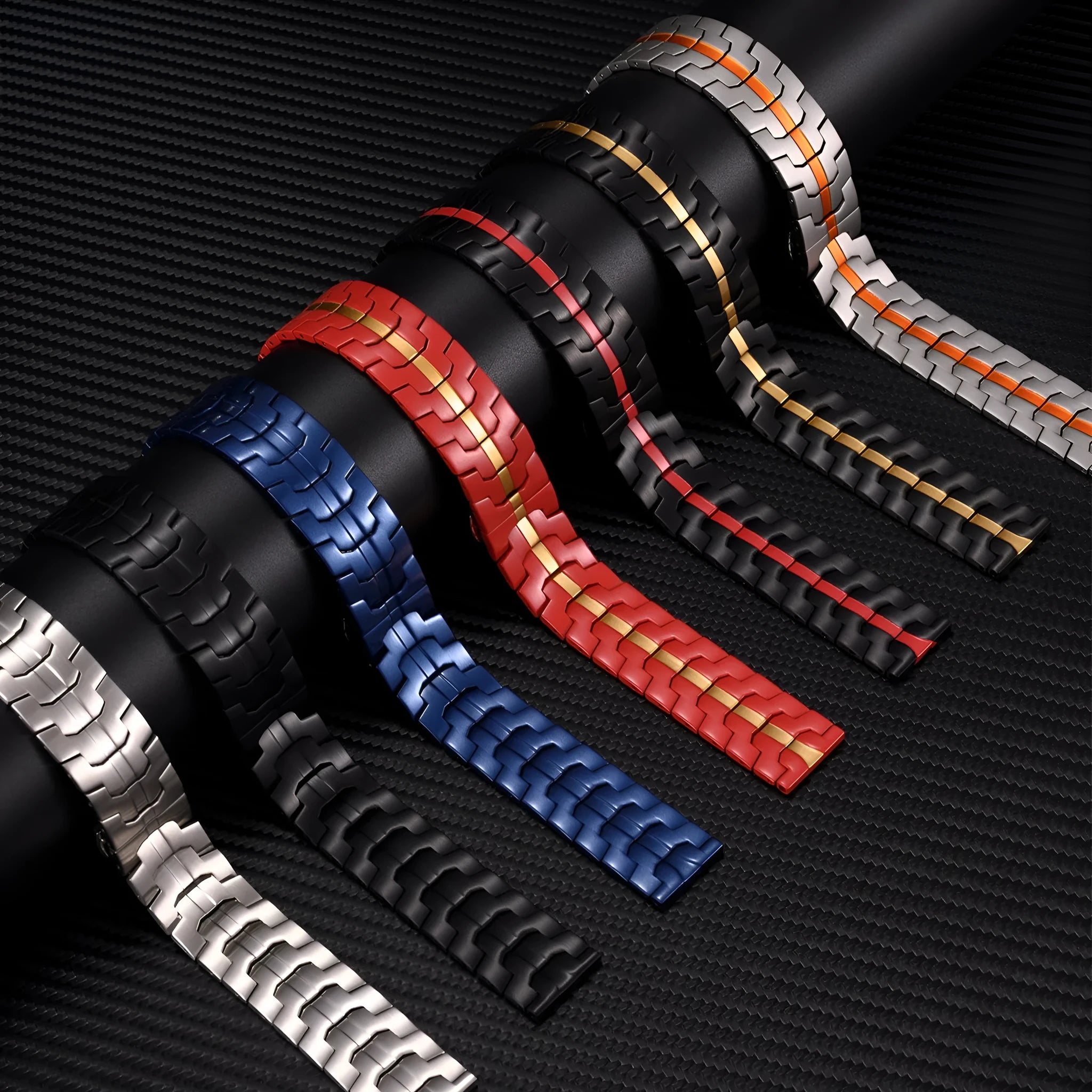 Stainless steel watch replacement band in multiple metallic colours with 20mm and 22mm universal sizing