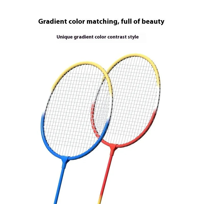 Pair of blue and red alloy split badminton rackets with pre-strung frames