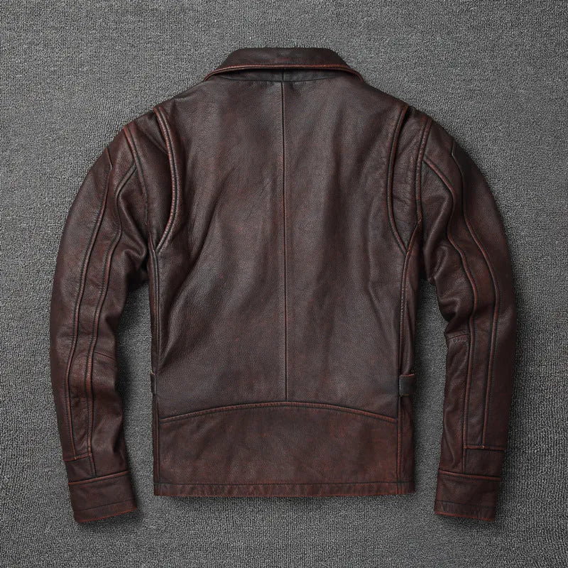 Men's short motorcycle coat in reddish brown genuine cowhide leather with stonewashed distressed finish