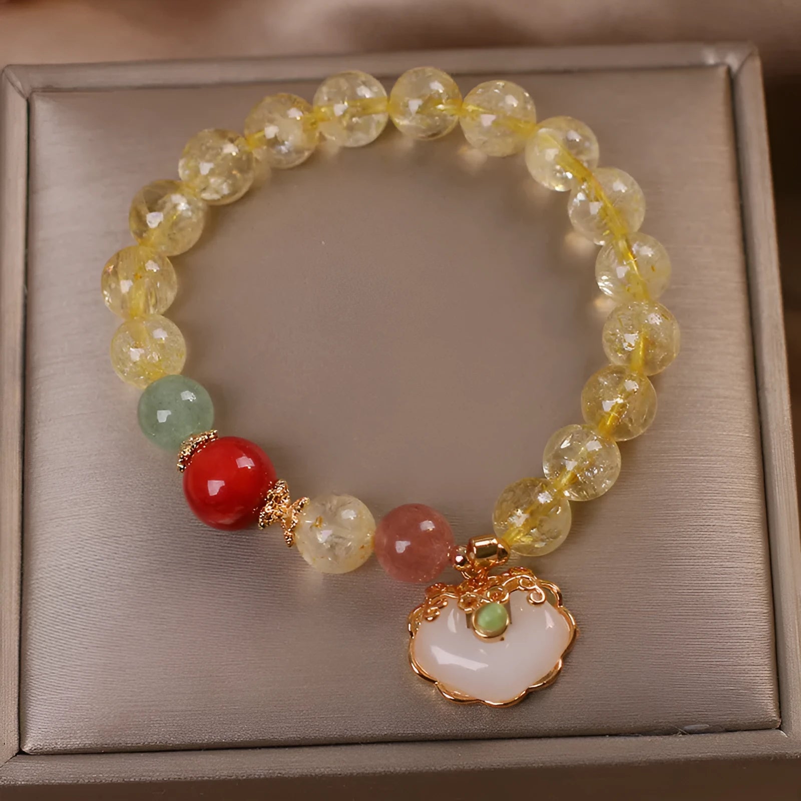Yellow hair crystal jade ruyi pendant bracelet with natural citrine stones in alloy setting